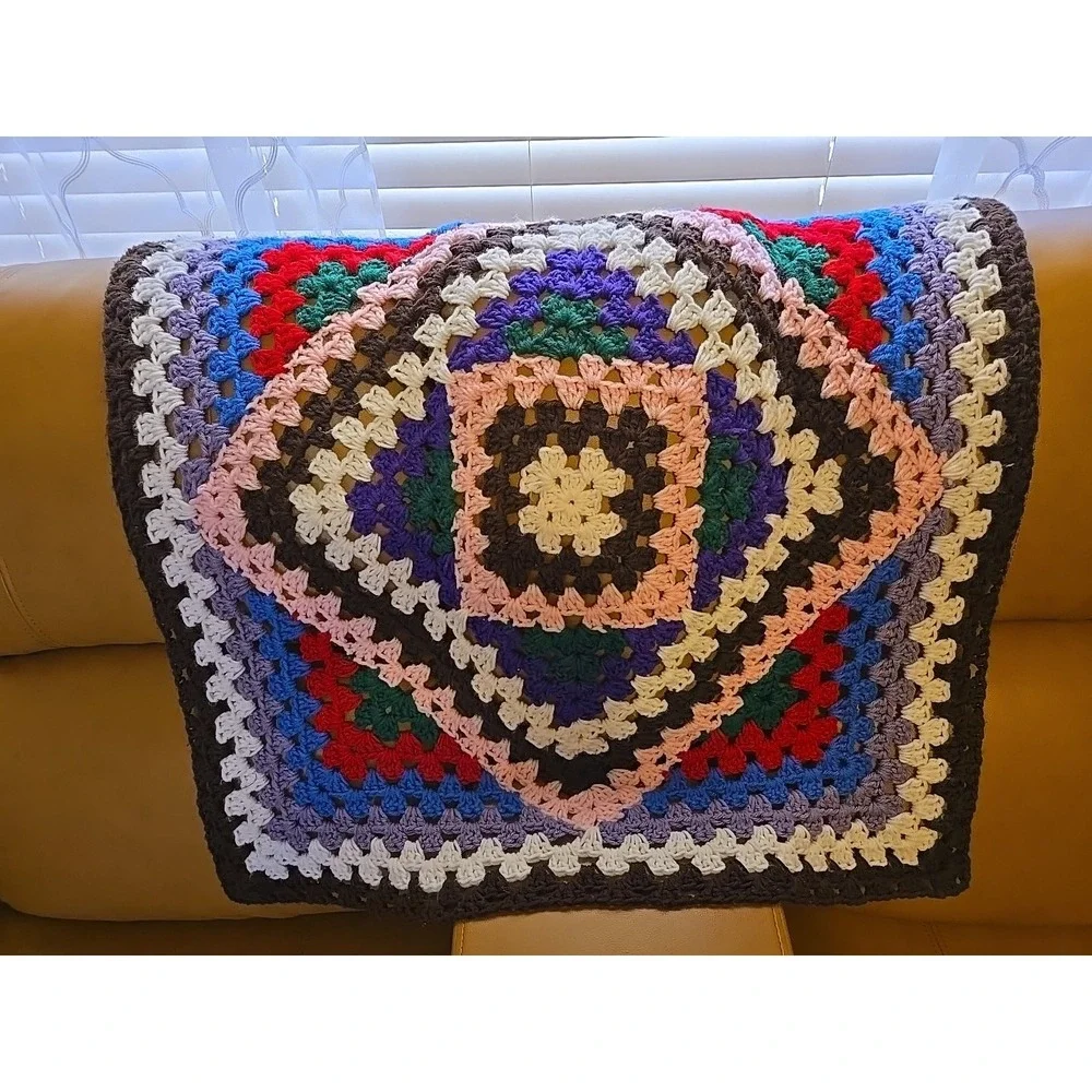 Vtg Handmade Granny‎ Square Crochet Afghan Blanket 30x29 Boho Multi-Color Retro
